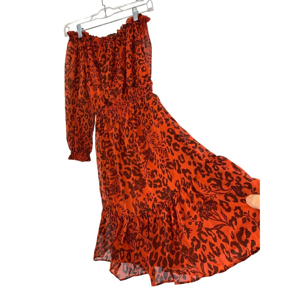 Small Nine West 9W Tandori Red Off Shoulder Chiffon Fit & Flare Dress 6708 NWT